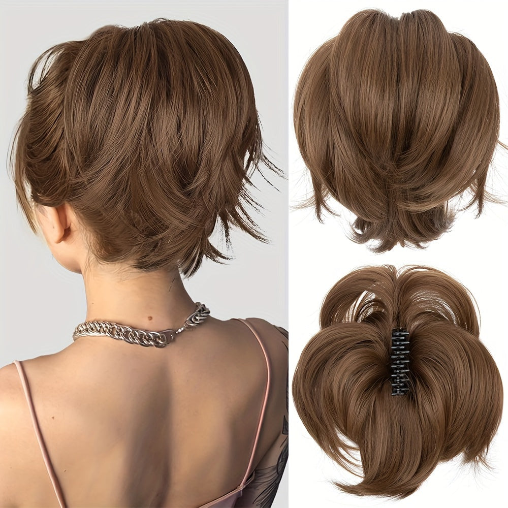 1pc Elegant Women'S Short Ponytail Extension with Claw Clip and Bendable Wires, 25.4cm Straight Hair Messy Bun Fake Hairpiece, DIY Styling Options