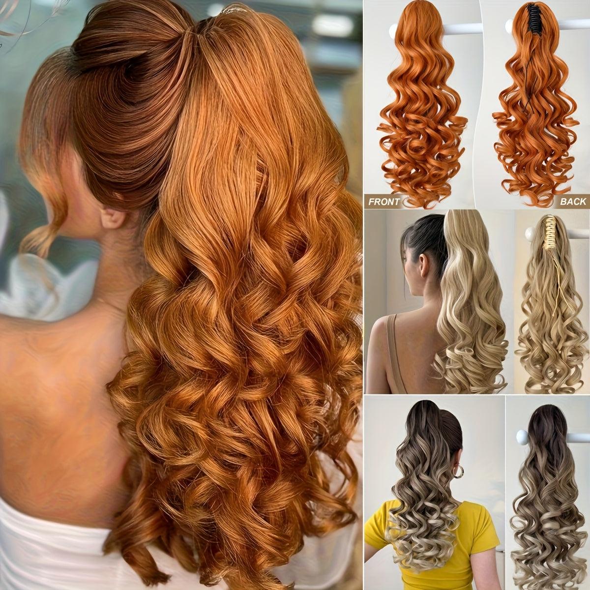 Claw Ponytail Extension Hair Light Brown 55.88 cm Long Water Wave Heat Resistant Fiber Synthetic Ponytail Hairpiece for Girl Women Party Daily Used