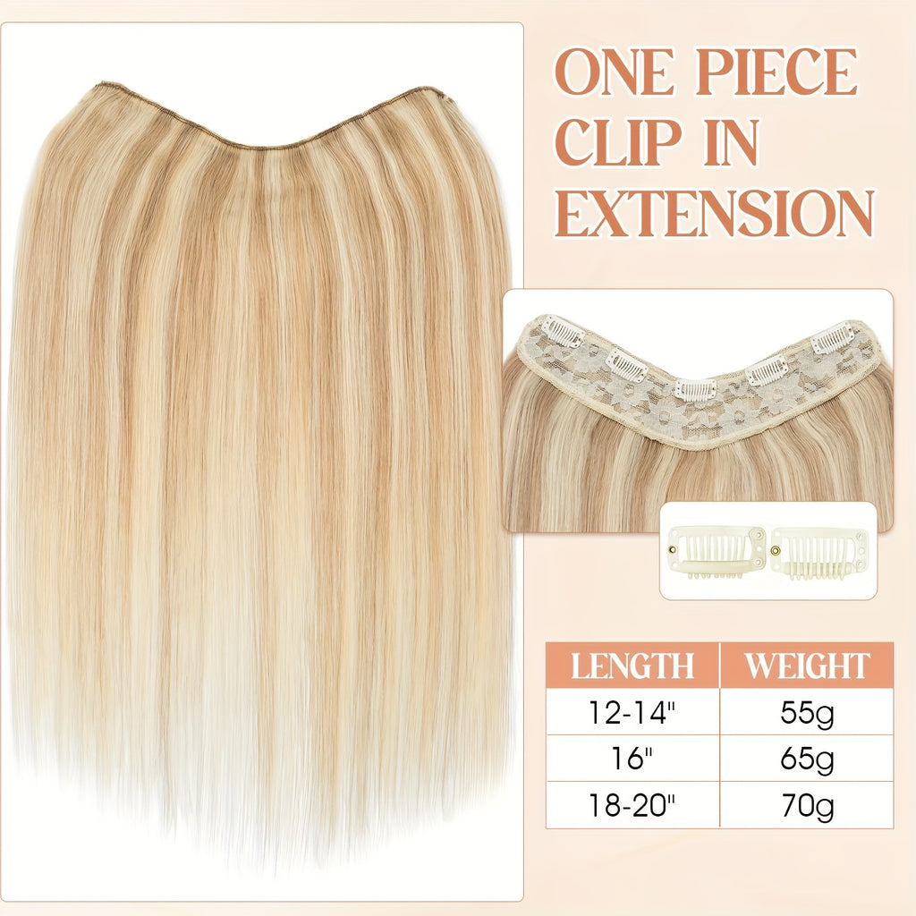V Shape Clip Hair Extensions Human Hair 30.48-55.88 cm Ombre Sandy Blonde to Caramel Blonde Highlight One Hairpiece Clip In Hair Extension Human Hair with Seamless Weft Silky Straight for Women