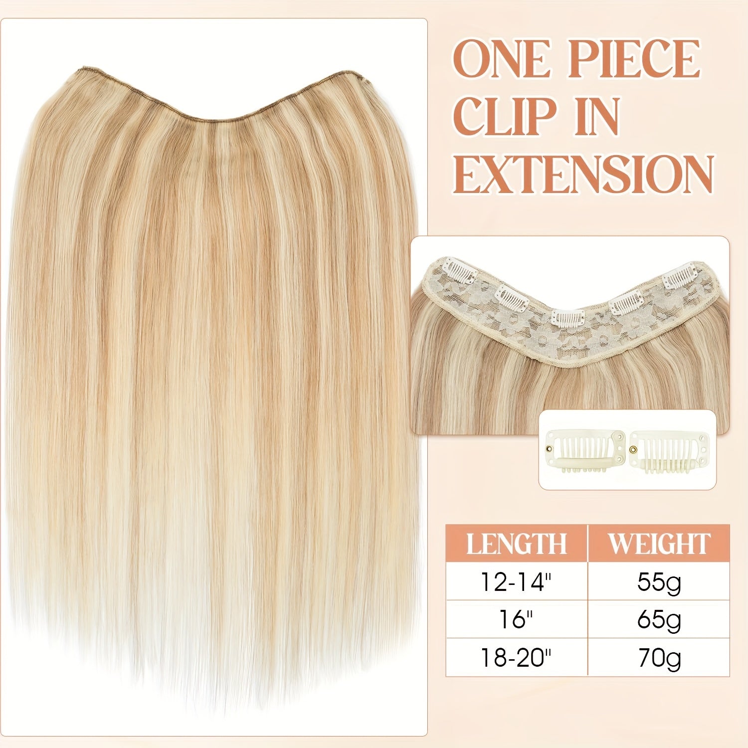 V Shape Clip Hair Extensions Human Hair 30.48-55.88 cm Ombre Sandy Blonde to Caramel Blonde Highlight One Hairpiece Clip In Hair Extension Human Hair with Seamless Weft Silky Straight for Women