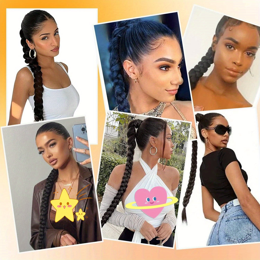 2PC 76.2 cm Long Braided Ponytail Extension - Soft, Natural-Looking, DIY Wrap Around Hair Piece with Hair Tie - Straight, Synthetic Hair for Women and Girls
