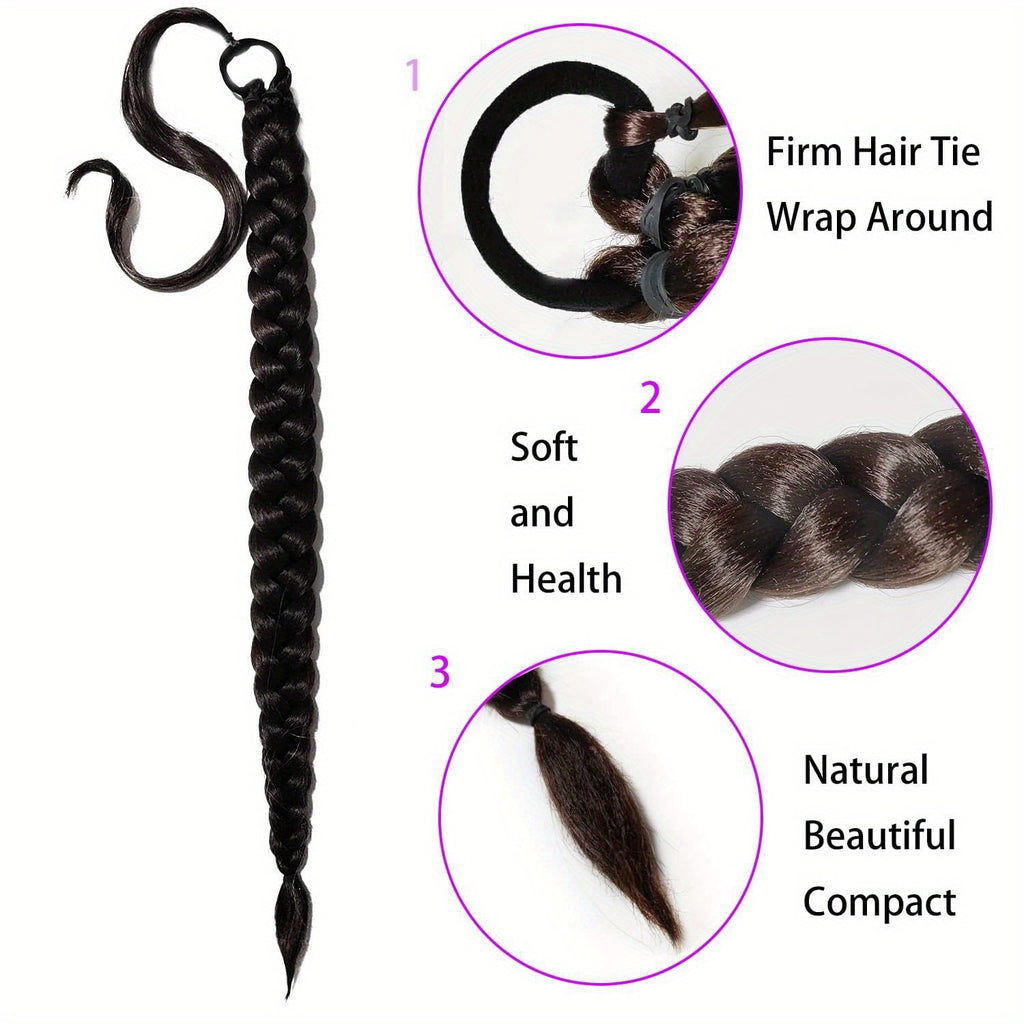 2PC 76.2 cm Long Braided Ponytail Extension - Soft, Natural-Looking, DIY Wrap Around Hair Piece with Hair Tie - Straight, Synthetic Hair for Women and Girls