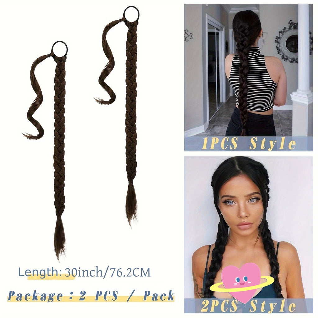 2PC 76.2 cm Long Braided Ponytail Extension - Soft, Natural-Looking, DIY Wrap Around Hair Piece with Hair Tie - Straight, Synthetic Hair for Women and Girls
