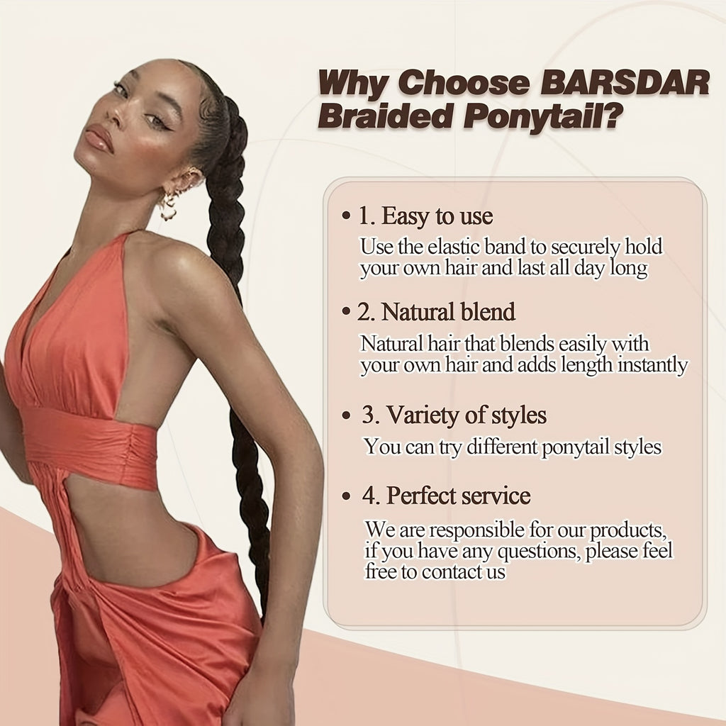 2PC 76.2 cm Long Braided Ponytail Extension - Soft, Natural-Looking, DIY Wrap Around Hair Piece with Hair Tie - Straight, Synthetic Hair for Women and Girls