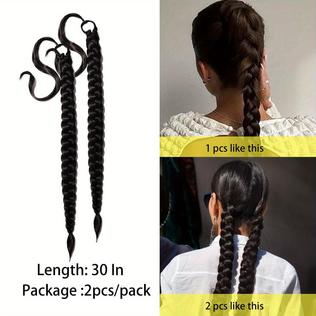 2PC 76.2 cm Long Braided Ponytail Extension - Soft, Natural-Looking, DIY Wrap Around Hair Piece with Hair Tie - Straight, Synthetic Hair for Women and Girls