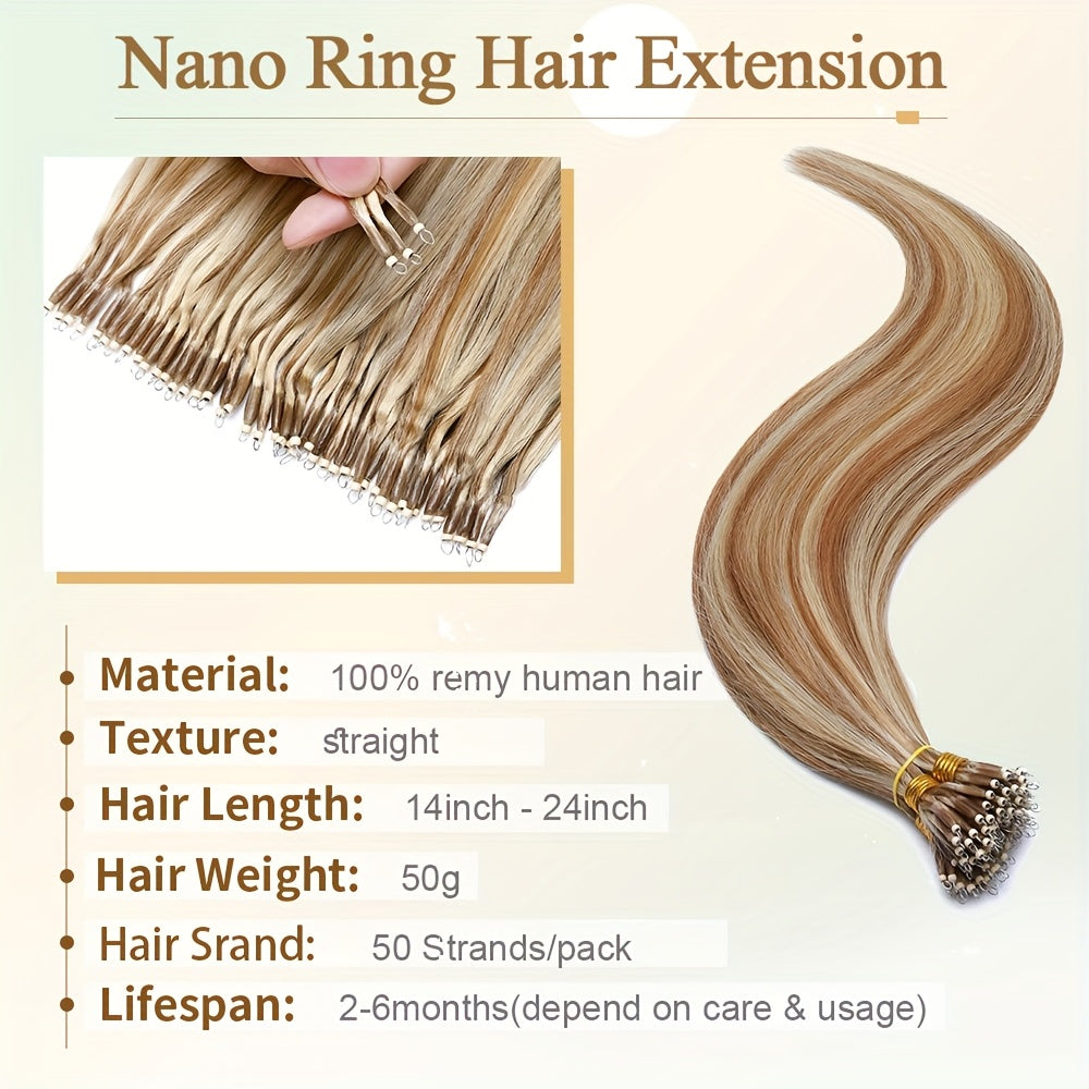 50 Strands Nano Ring Beads 100% Remy Human Hair Extensions 50G/Pack Thick Natural Smooth Remy Hair Full Head Balayage Highlight Blonde Any Color Halloween