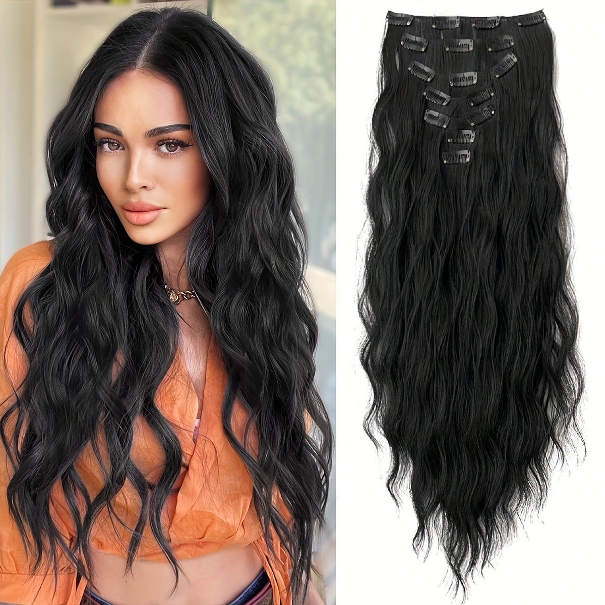 Synthetic Hair Extensions in Black-Brown with 16 Clips, Measuring 22-24 Inches in Length, Featuring a Water Wave Style. This Set Includes 7pcs, Perfect for a Full Head Look for Women.