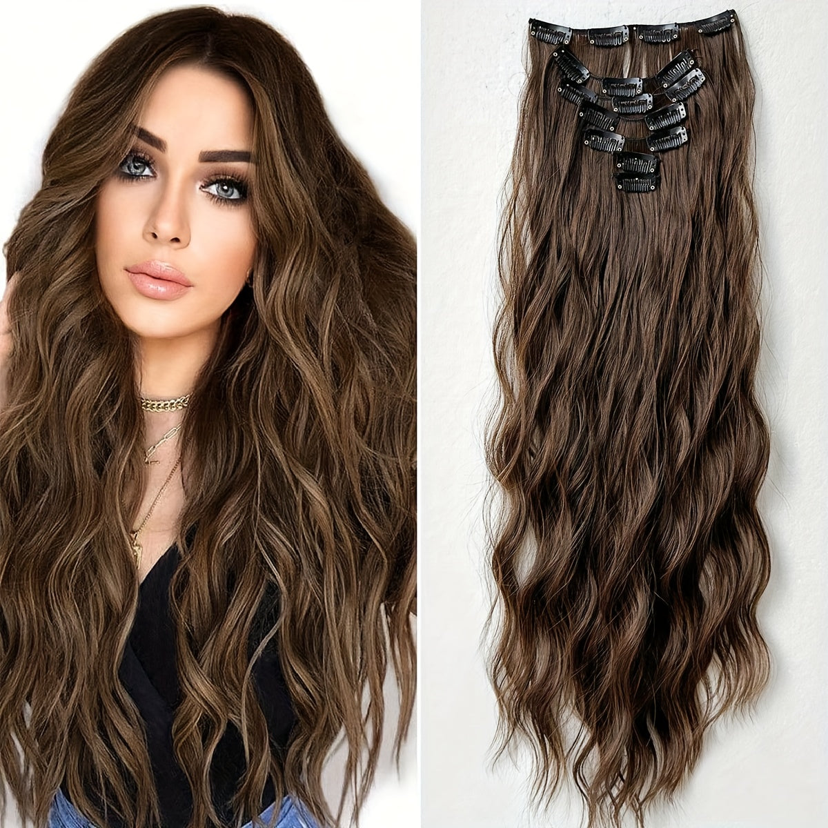 Synthetic Hair Extensions in Black-Brown with 16 Clips, Measuring 22-24 Inches in Length, Featuring a Water Wave Style. This Set Includes 7pcs, Perfect for a Full Head Look for Women.