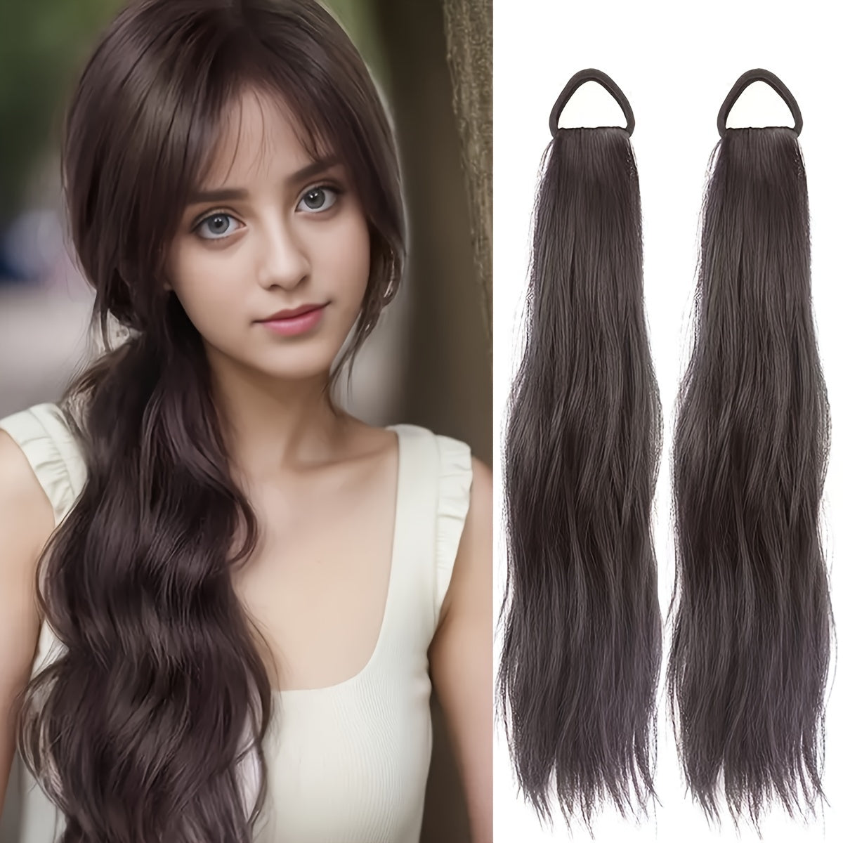 Elegant 2-Pack Women'S Tie-In Ponytail Extensions, Versatile Synthetic Long Hair, Natural Looking Slightly Curly, High Elasticity Loop, All Ages Fit, Multiple Styling Options - 20-Inch Hairpiece