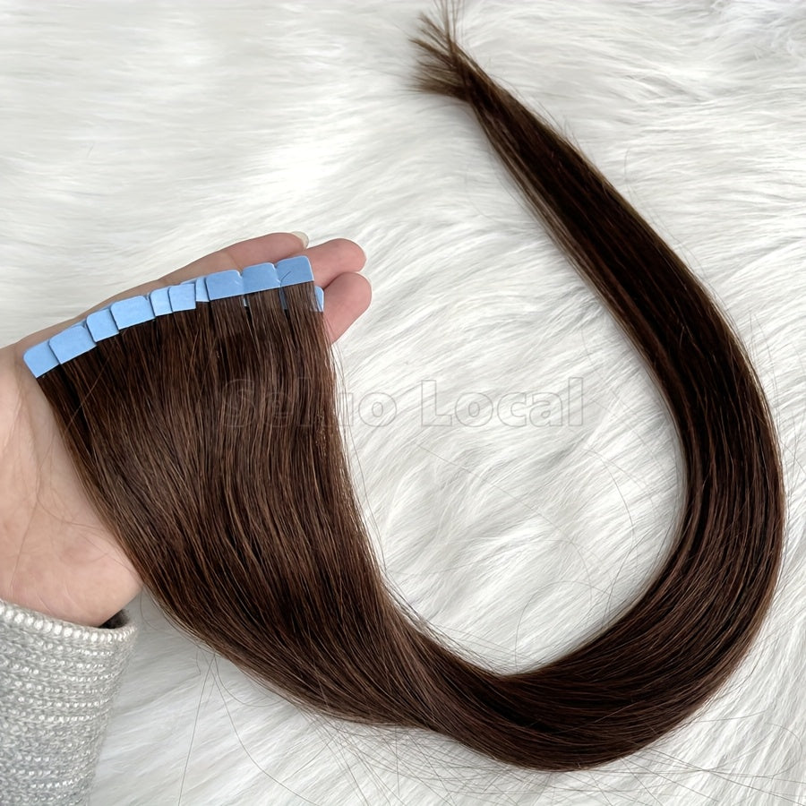 Natural Brown Human Hair Micro Invisible Tape-In Extensions 30.48-50.8 cm Straight Seamless Hair for Caucasian Women - Color 4# Light Brown, Easy Application & Damage-Free Hair Additions, Versatile Styling Options, Sleek Appearance