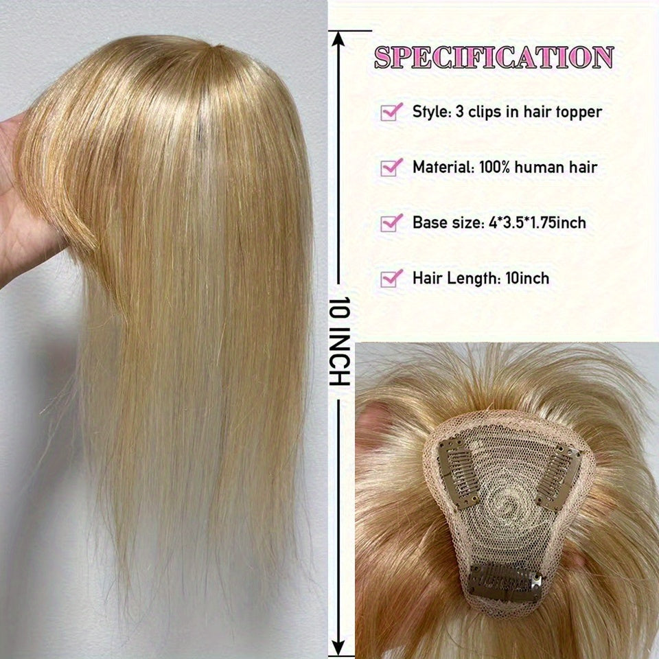 100% Human Hair Clip-In Toppers with Bangs - T-Part Straight Hair Extensions #12P613 Golden Brown & Bleach Blonde for Thin Hair, Daily Use & Special Occasions, Elegant Style for Women of All Ethnicities, Versatile Hairpiece, Secure Clip Attachments