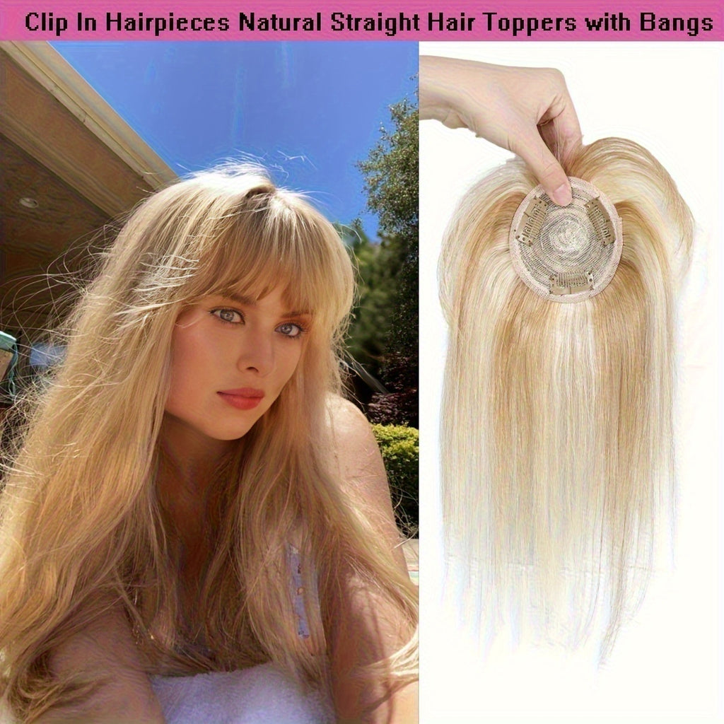 Straight Human Hair, Clip-In Bangs Made from 100% Real Human Hair, Topper with Bangs Hair, Featuring Wispy Styles and a 360° 3D Design. These Hair Extensions are Perfect for Women Looking for Fake Bangs to Wear Daily, O-Shaped Intranet, #12p613 Color