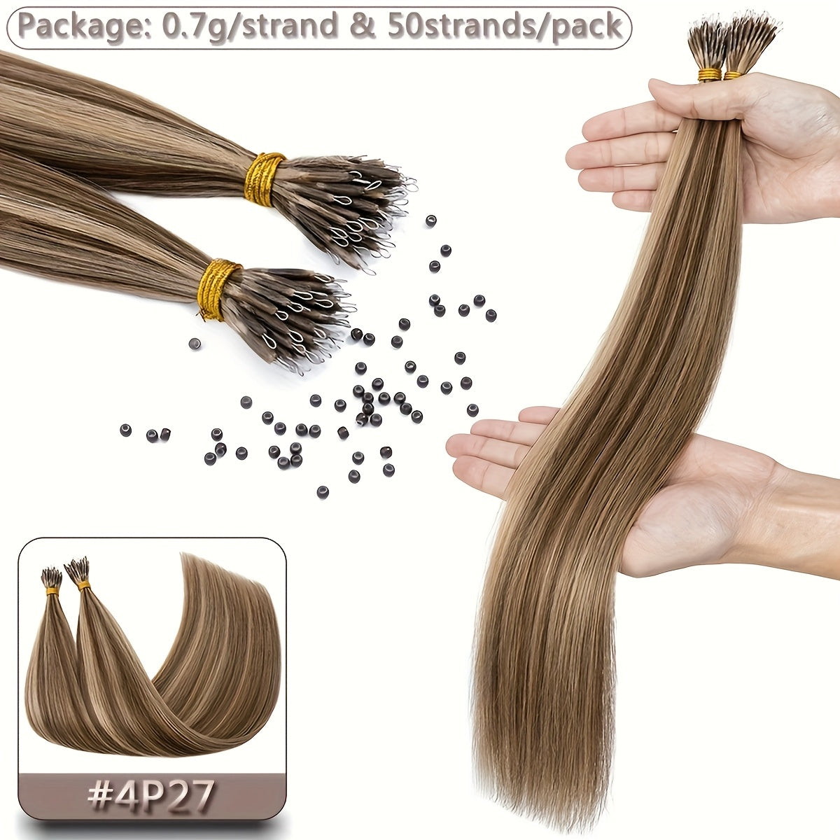 35g 50pcs Nano Rings Human Hair Extensions Micro Links Hair Nano Bead Prebonded Straight Blonde Hair 0.7g/strand