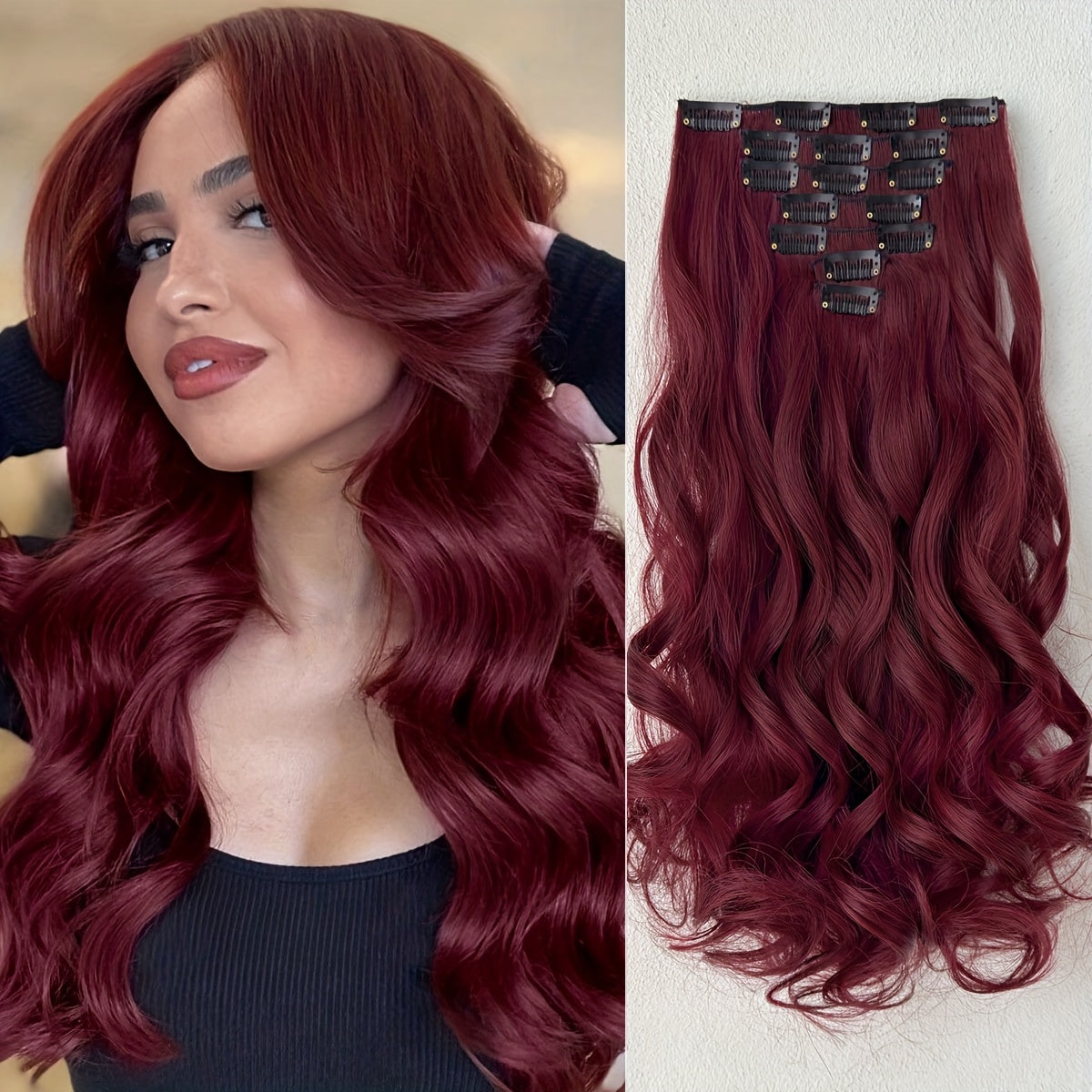 Synthetic Hair Extensions in Black-Brown with 16 Clips, Measuring 22-24 Inches in Length, Featuring a Water Wave Style. This Set Includes 7pcs, Perfect for a Full Head Look for Women.