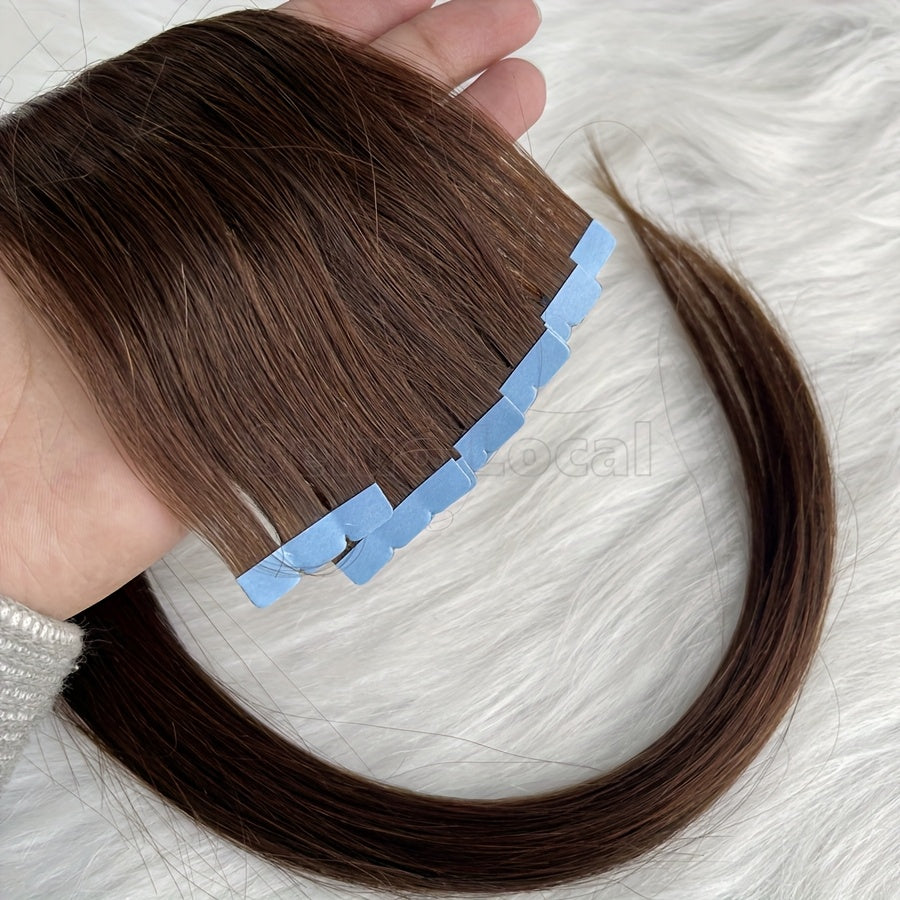 Natural Brown Human Hair Micro Invisible Tape-In Extensions 30.48-50.8 cm Straight Seamless Hair for Caucasian Women - Color 4# Light Brown, Easy Application & Damage-Free Hair Additions, Versatile Styling Options, Sleek Appearance