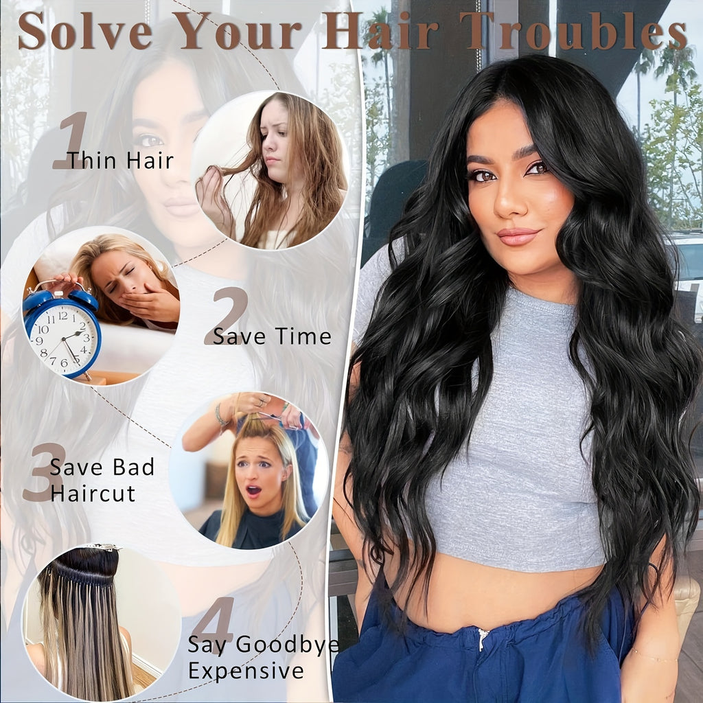 Synthetic Hair Extensions in Black-Brown with 16 Clips, Measuring 22-24 Inches in Length, Featuring a Water Wave Style. This Set Includes 7pcs, Perfect for a Full Head Look for Women.