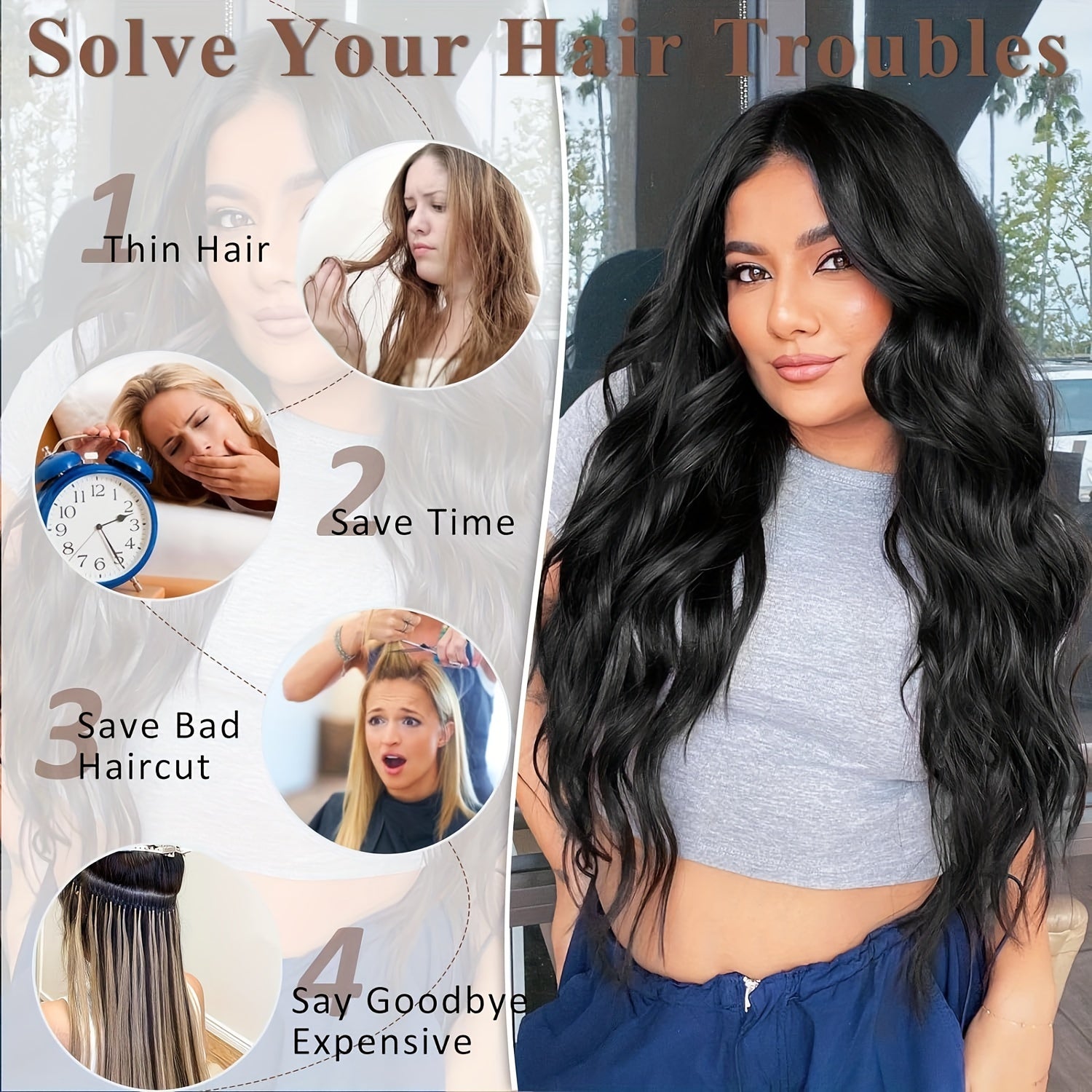 Synthetic Hair Extensions in Black-Brown with 16 Clips, Measuring 22-24 Inches in Length, Featuring a Water Wave Style. This Set Includes 7pcs, Perfect for a Full Head Look for Women.
