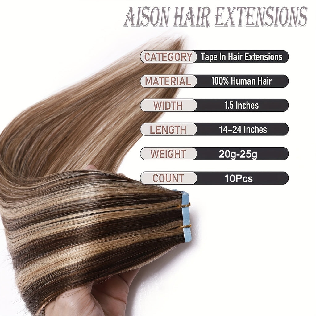 BENEHAIR Tape In Hair Extensions Human Hair Real Human Hair Tape In Extensions Straight Highlight 100% Remy Seamless Human Hair Extensions For Women 30.48-60.96 cm 25g/pack 10pcs Skin Weft