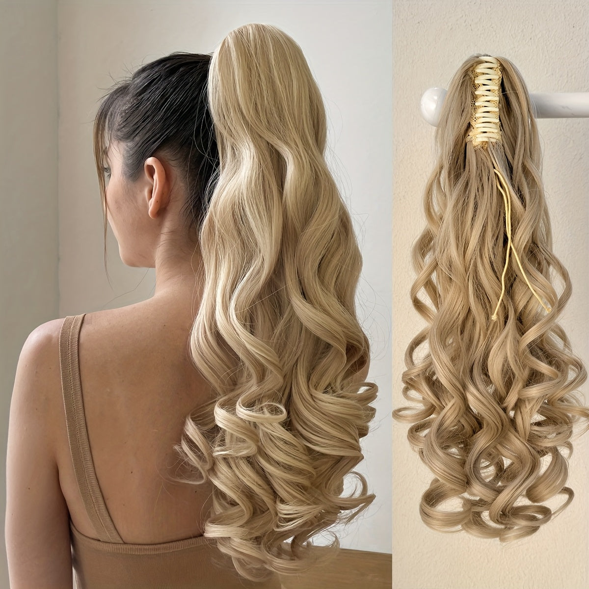 Claw Ponytail Extension Hair Light Brown 55.88 cm Long Water Wave Heat Resistant Fiber Synthetic Ponytail Hairpiece for Girl Women Party Daily Used
