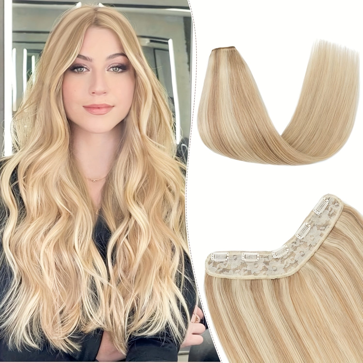 V Shape Clip Hair Extensions Human Hair 30.48-55.88 cm Ombre Sandy Blonde to Caramel Blonde Highlight One Hairpiece Clip In Hair Extension Human Hair with Seamless Weft Silky Straight for Women