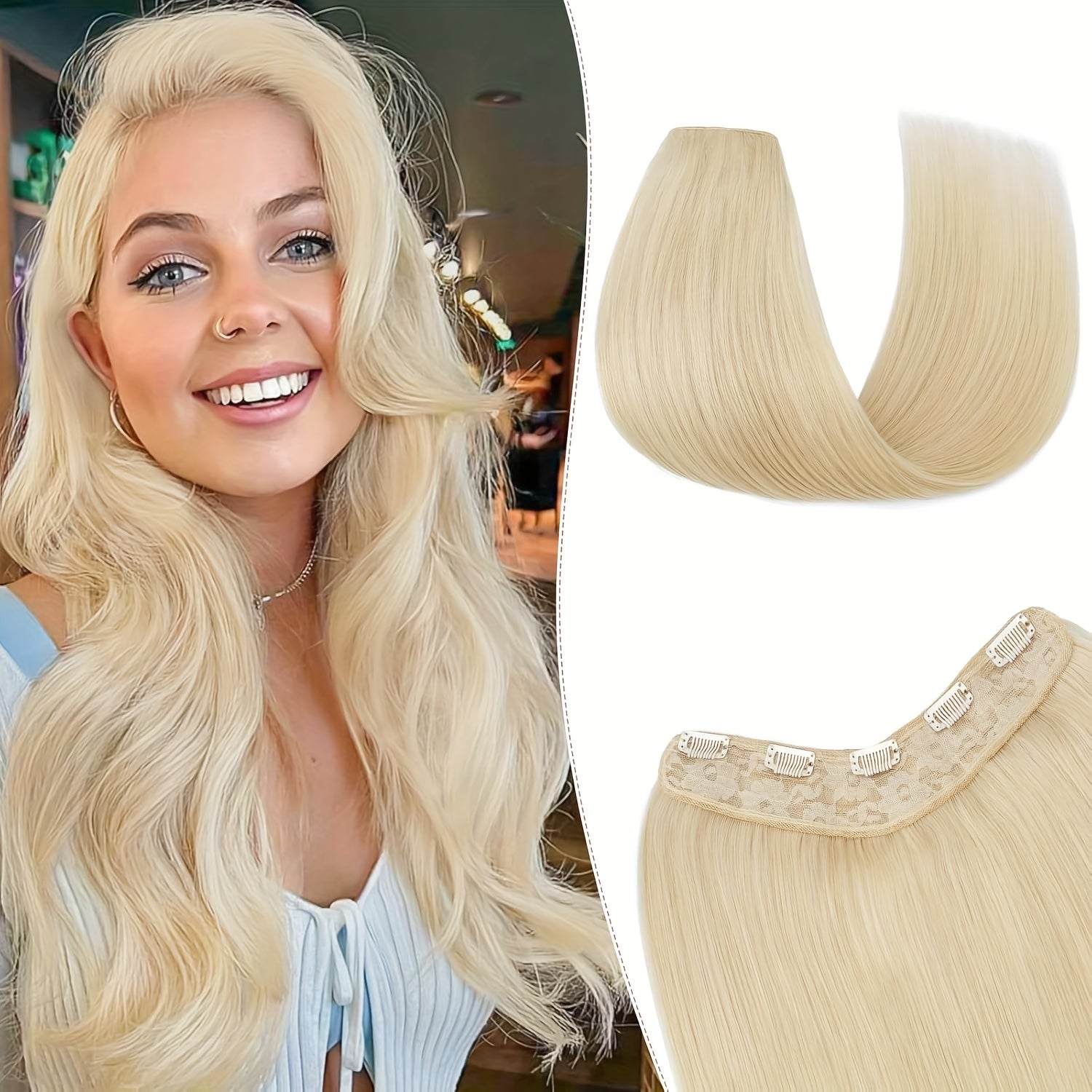 V Shape Clip Hair Extensions Human Hair 30.48-55.88 cm Ombre Sandy Blonde to Caramel Blonde Highlight One Hairpiece Clip In Hair Extension Human Hair with Seamless Weft Silky Straight for Women