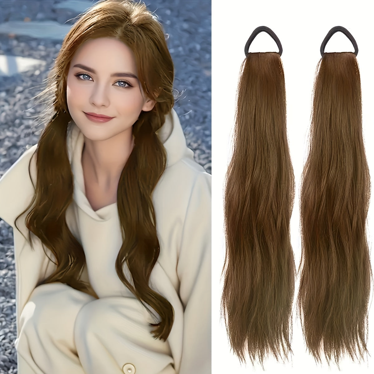 Elegant 2-Pack Women'S Tie-In Ponytail Extensions, Versatile Synthetic Long Hair, Natural Looking Slightly Curly, High Elasticity Loop, All Ages Fit, Multiple Styling Options - 20-Inch Hairpiece