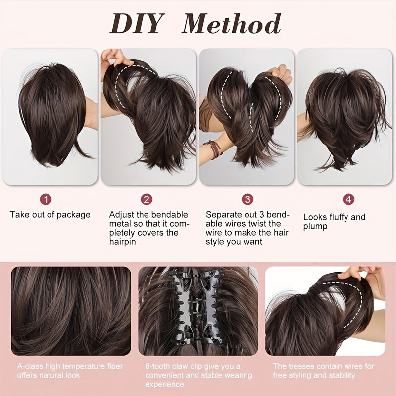 1pc Elegant Women'S Short Ponytail Extension with Claw Clip and Bendable Wires, 25.4cm Straight Hair Messy Bun Fake Hairpiece, DIY Styling Options