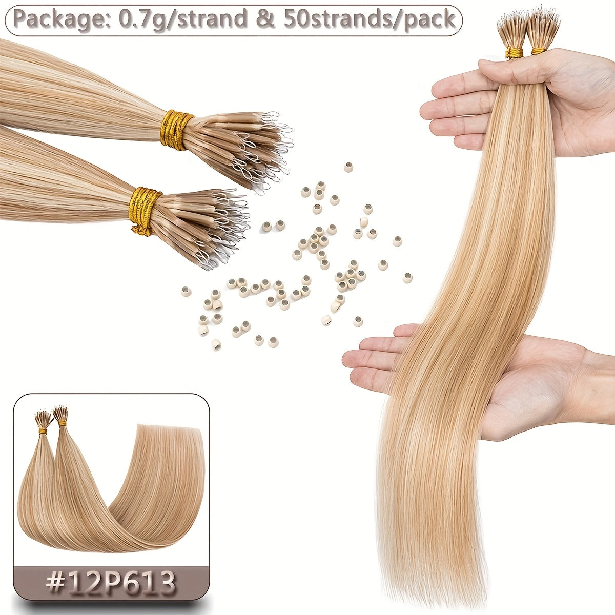 35g 50pcs Nano Rings Human Hair Extensions Micro Links Hair Nano Bead Prebonded Straight Blonde Hair 0.7g/strand