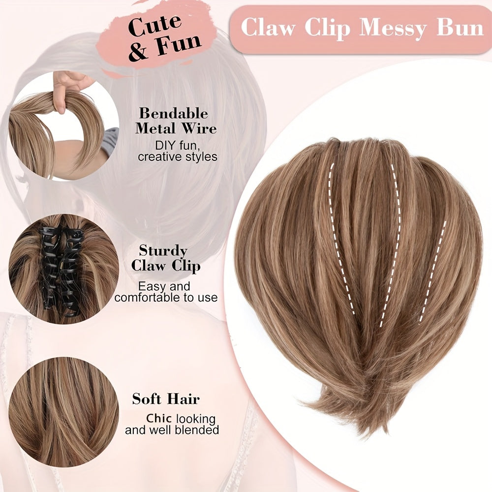 1pc Elegant Women'S Short Ponytail Extension with Claw Clip and Bendable Wires, 25.4cm Straight Hair Messy Bun Fake Hairpiece, DIY Styling Options