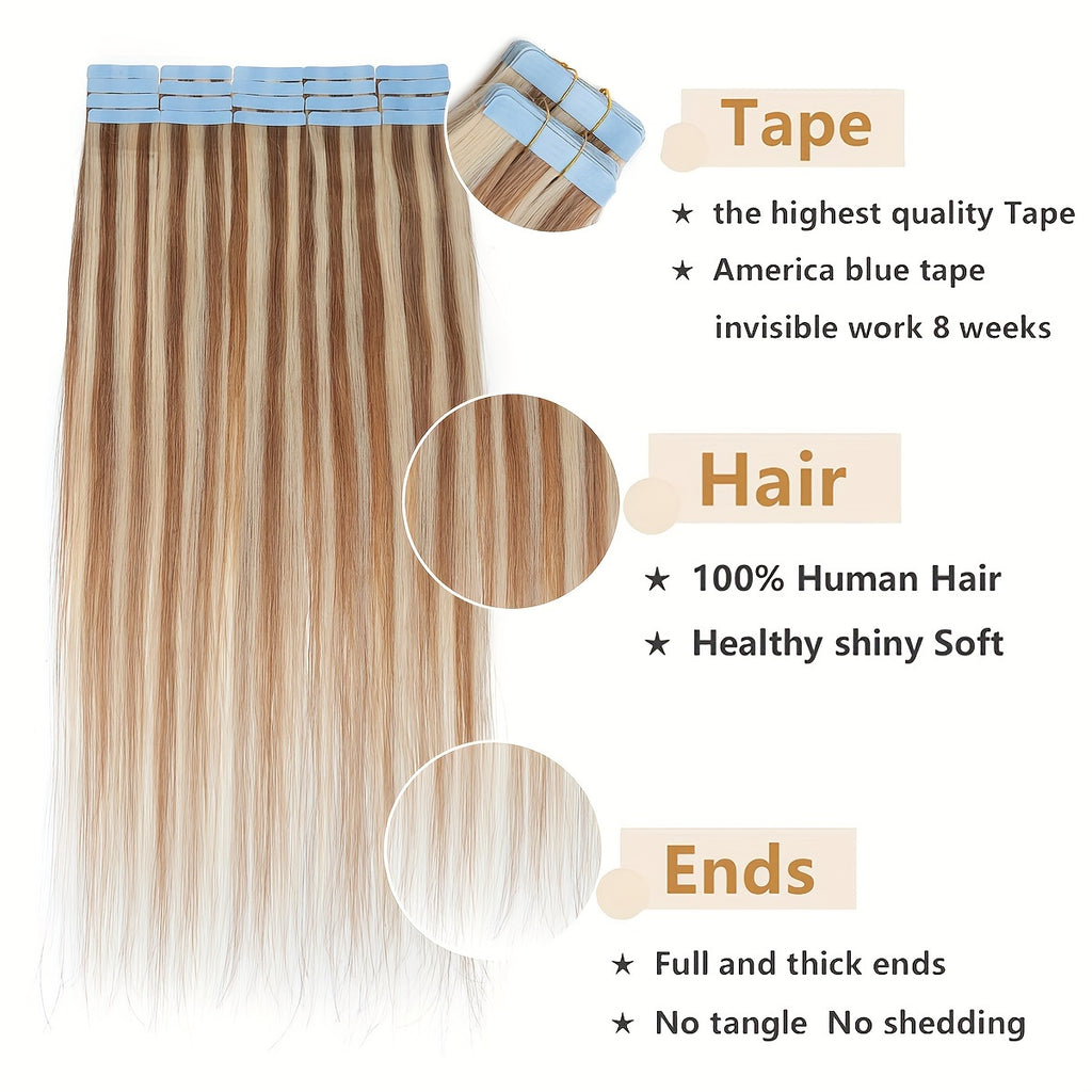 BENEHAIR Tape In Hair Extensions Human Hair Real Human Hair Tape In Extensions Straight Highlight 100% Remy Seamless Human Hair Extensions For Women 30.48-60.96 cm 25g/pack 10pcs Skin Weft
