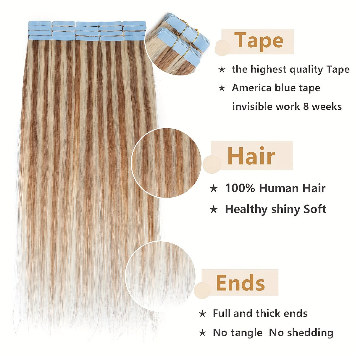 BENEHAIR Tape In Hair Extensions Human Hair Real Human Hair Tape In Extensions Straight Highlight 100% Remy Seamless Human Hair Extensions For Women 30.48-60.96 cm 25g/pack 10pcs Skin Weft