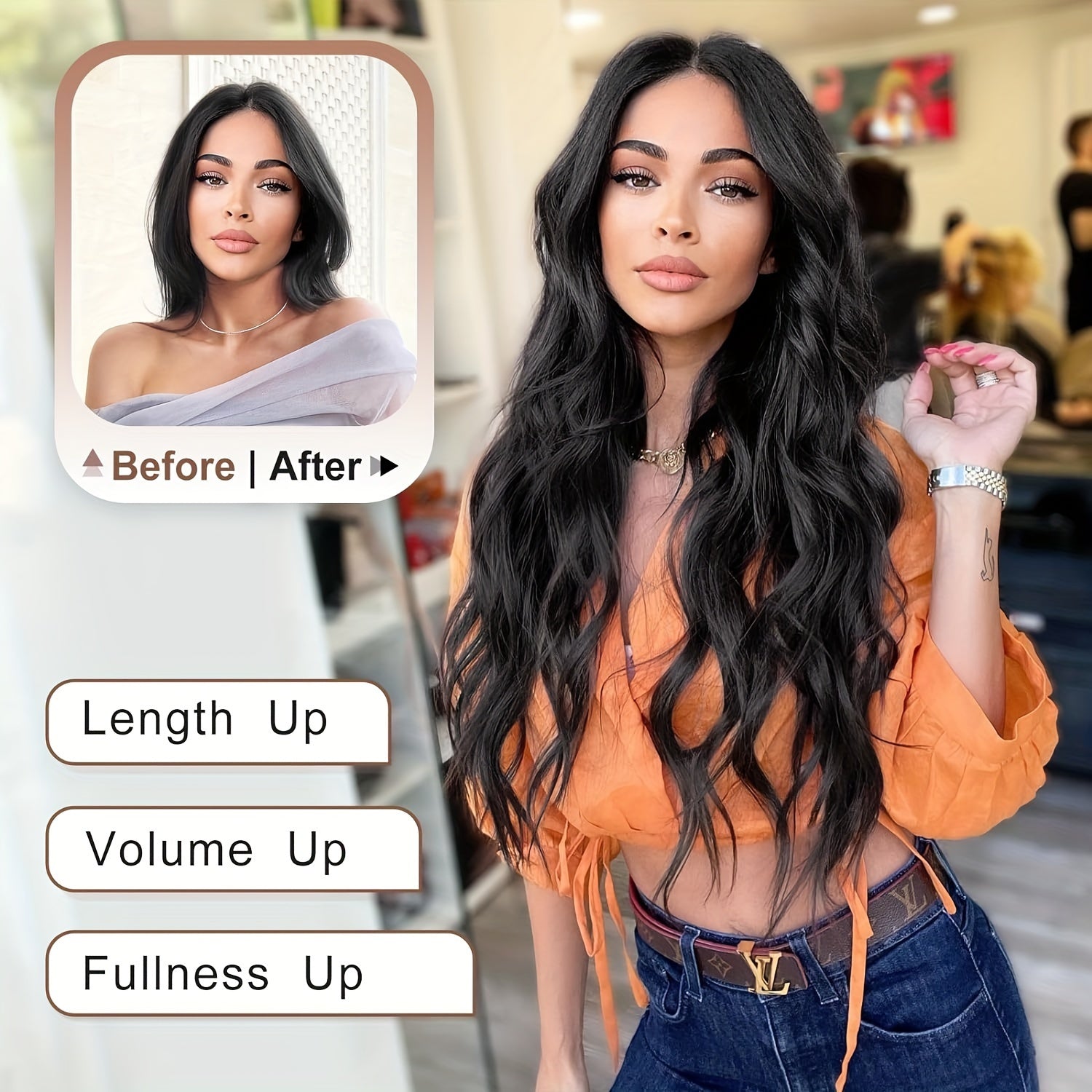 Synthetic Hair Extensions in Black-Brown with 16 Clips, Measuring 22-24 Inches in Length, Featuring a Water Wave Style. This Set Includes 7pcs, Perfect for a Full Head Look for Women.