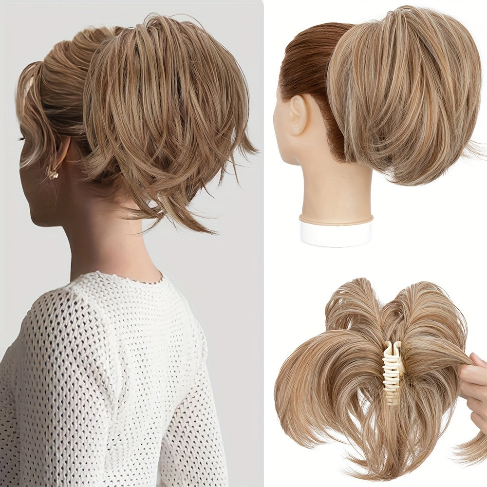 1pc Elegant Women'S Short Ponytail Extension with Claw Clip and Bendable Wires, 25.4cm Straight Hair Messy Bun Fake Hairpiece, DIY Styling Options