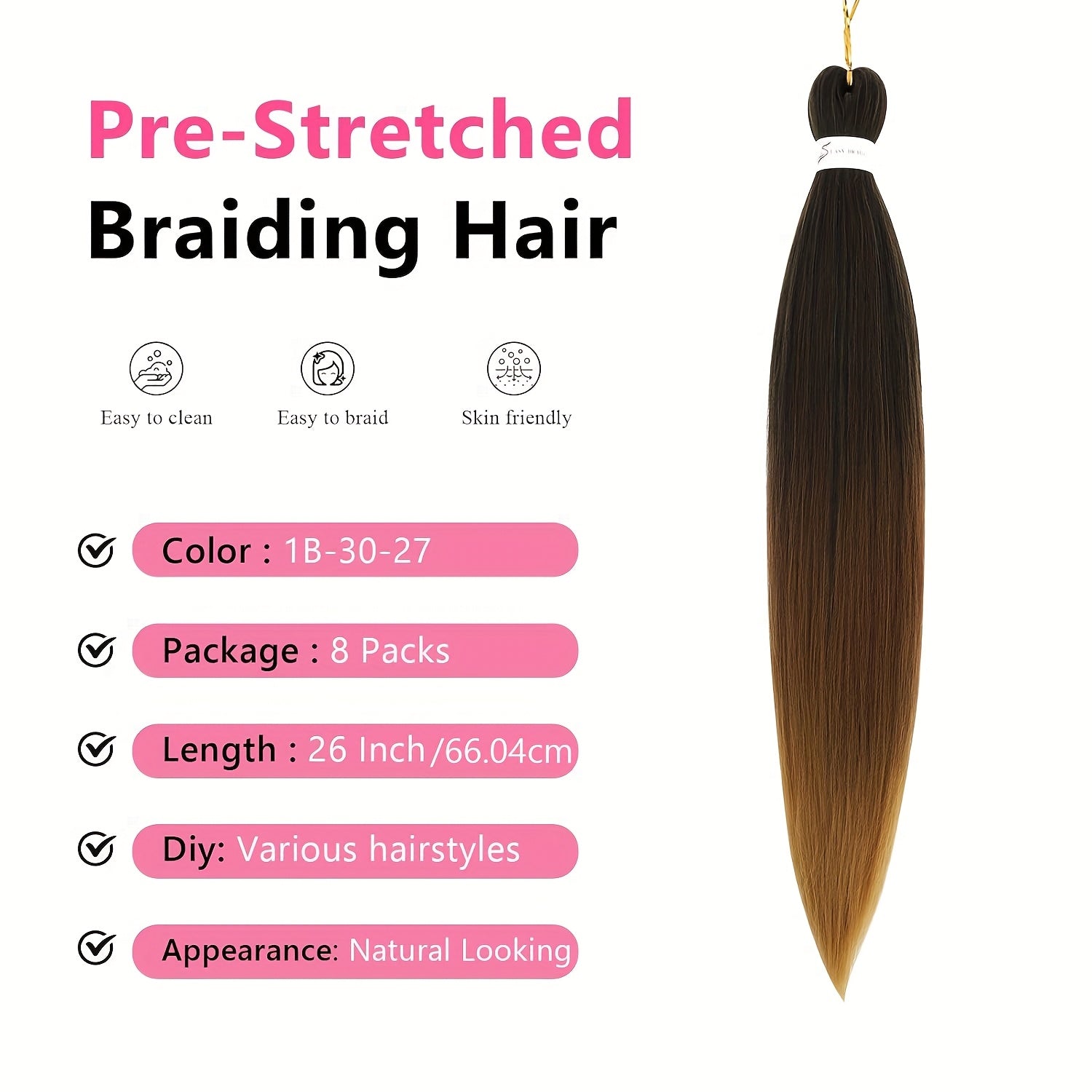 Braiding Hair Pre Stretched 26/30 Inch 8 Packs Ombre Professional Soft Yaki Texture, Itch Free, Hot Water Setting Extensions For Braids, Professional Soft Yaki Texture Color 1B/30/27