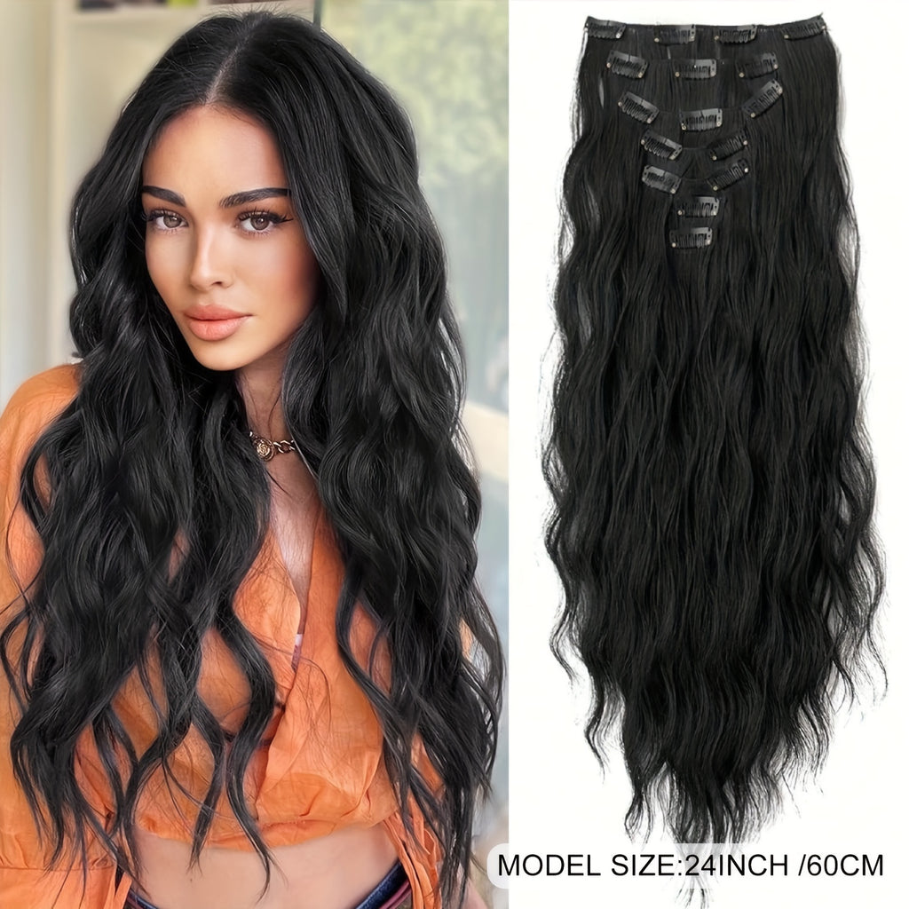 Synthetic Hair Extensions in Black-Brown with 16 Clips, Measuring 22-24 Inches in Length, Featuring a Water Wave Style. This Set Includes 7pcs, Perfect for a Full Head Look for Women.