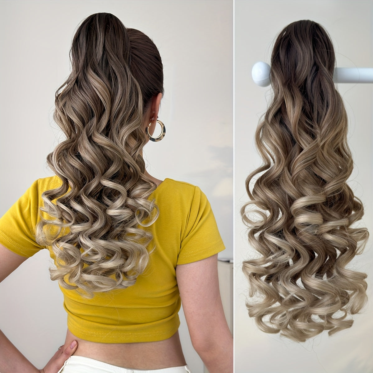 Claw Ponytail Extension Hair Light Brown 55.88 cm Long Water Wave Heat Resistant Fiber Synthetic Ponytail Hairpiece for Girl Women Party Daily Used