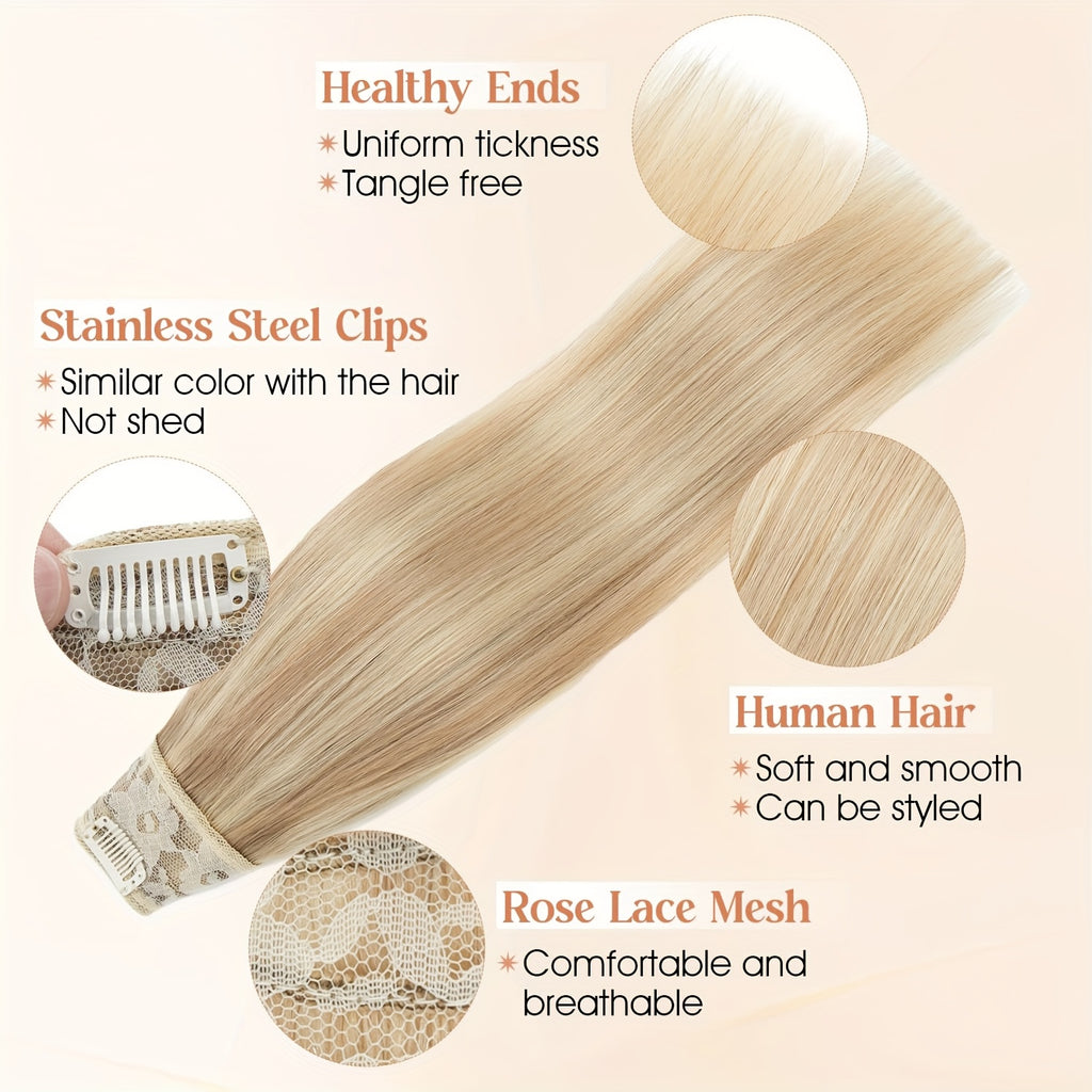 V Shape Clip Hair Extensions Human Hair 30.48-55.88 cm Ombre Sandy Blonde to Caramel Blonde Highlight One Hairpiece Clip In Hair Extension Human Hair with Seamless Weft Silky Straight for Women