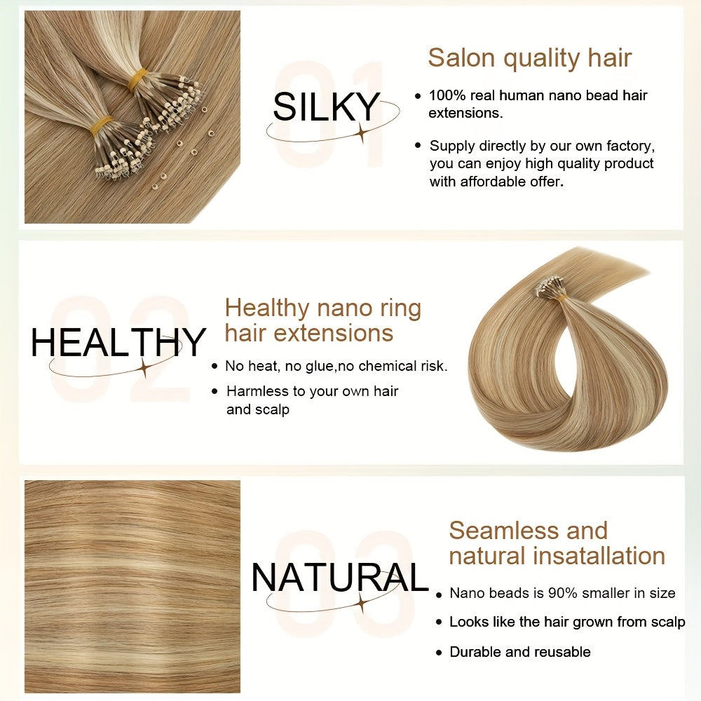 50 Strands Nano Ring Beads 100% Remy Human Hair Extensions 50G/Pack Thick Natural Smooth Remy Hair Full Head Balayage Highlight Blonde Any Color Halloween