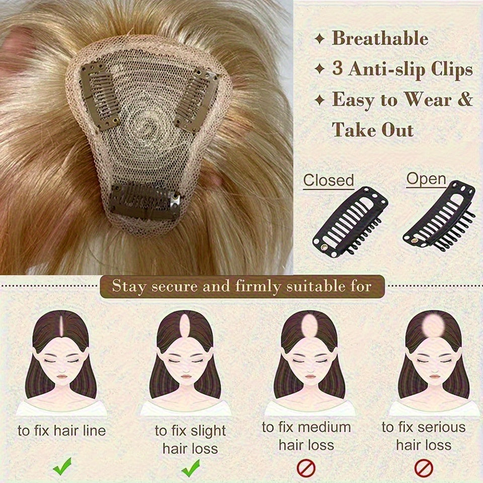 100% Human Hair Clip-In Toppers with Bangs - T-Part Straight Hair Extensions #12P613 Golden Brown & Bleach Blonde for Thin Hair, Daily Use & Special Occasions, Elegant Style for Women of All Ethnicities, Versatile Hairpiece, Secure Clip Attachments