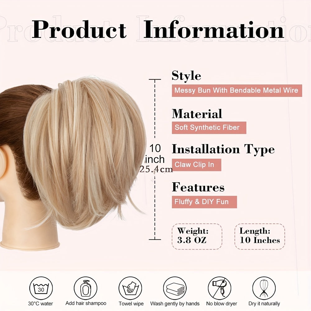 1pc Elegant Women'S Short Ponytail Extension with Claw Clip and Bendable Wires, 25.4cm Straight Hair Messy Bun Fake Hairpiece, DIY Styling Options