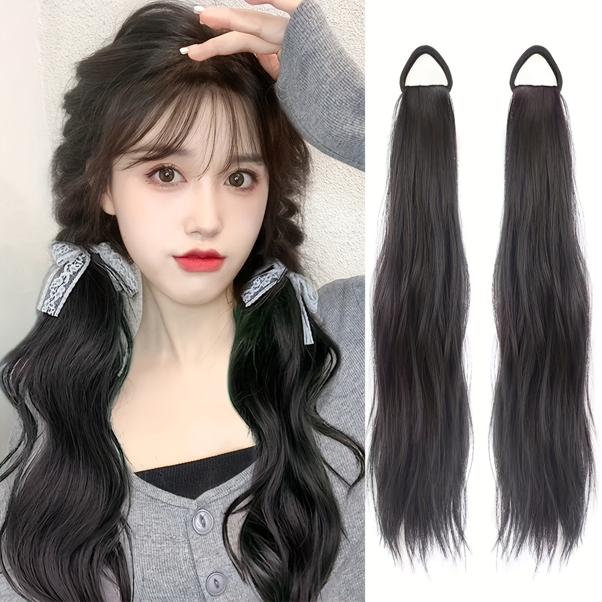Elegant 2-Pack Women'S Tie-In Ponytail Extensions, Versatile Synthetic Long Hair, Natural Looking Slightly Curly, High Elasticity Loop, All Ages Fit, Multiple Styling Options - 20-Inch Hairpiece