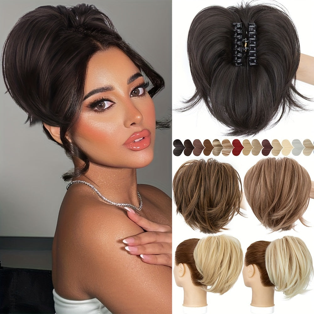 1pc Elegant Women'S Short Ponytail Extension with Claw Clip and Bendable Wires, 25.4cm Straight Hair Messy Bun Fake Hairpiece, DIY Styling Options