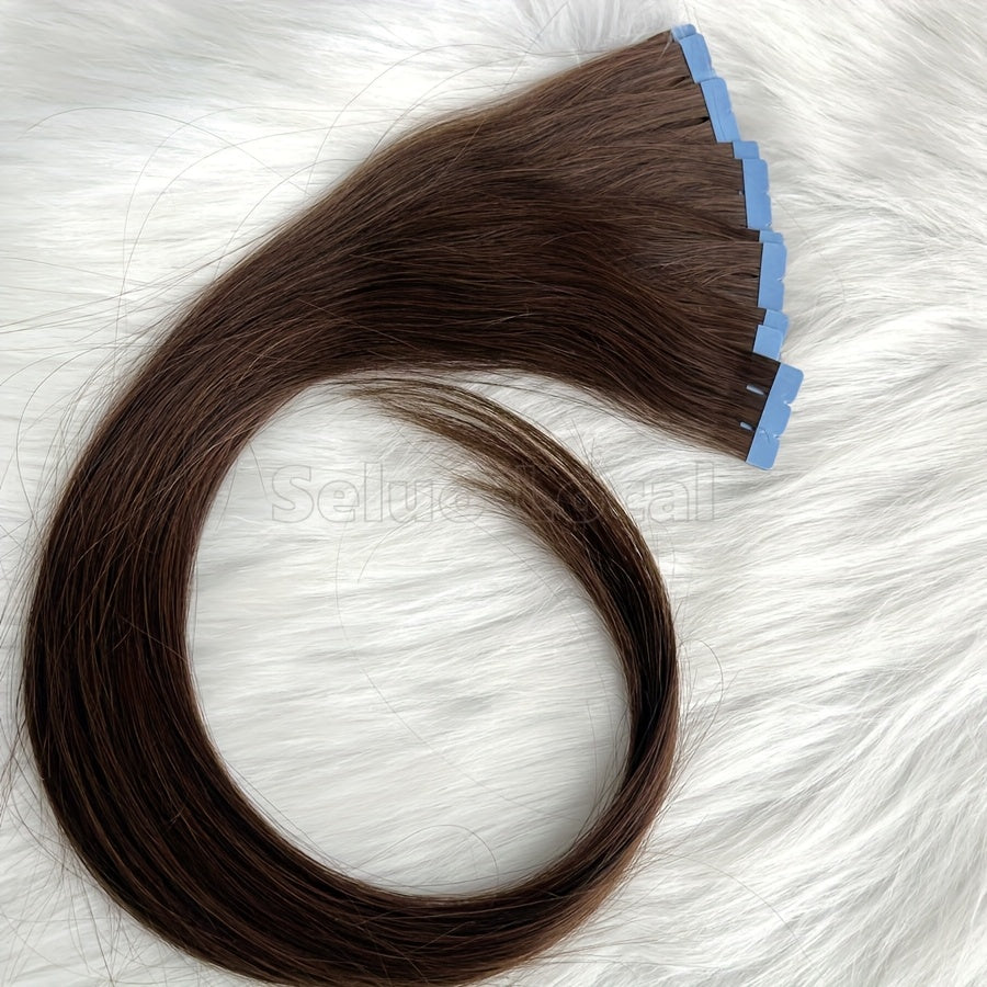 Natural Brown Human Hair Micro Invisible Tape-In Extensions 30.48-50.8 cm Straight Seamless Hair for Caucasian Women - Color 4# Light Brown, Easy Application & Damage-Free Hair Additions, Versatile Styling Options, Sleek Appearance