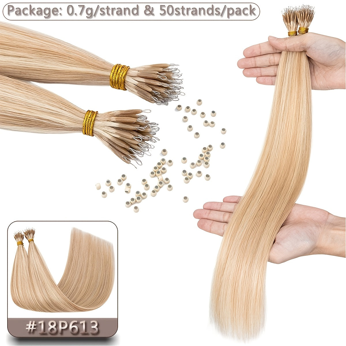 35g 50pcs Nano Rings Human Hair Extensions Micro Links Hair Nano Bead Prebonded Straight Blonde Hair 0.7g/strand
