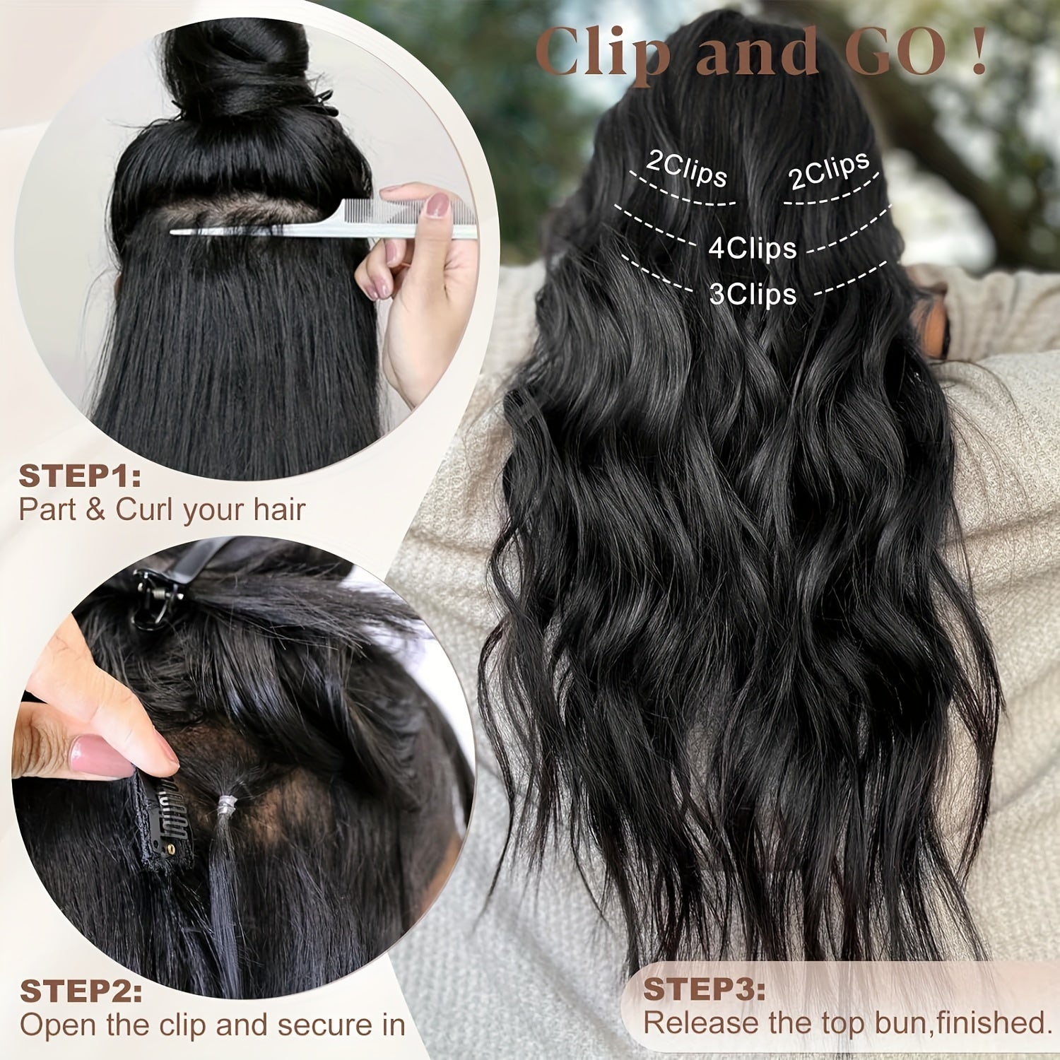 Synthetic Hair Extensions in Black-Brown with 16 Clips, Measuring 22-24 Inches in Length, Featuring a Water Wave Style. This Set Includes 7pcs, Perfect for a Full Head Look for Women.