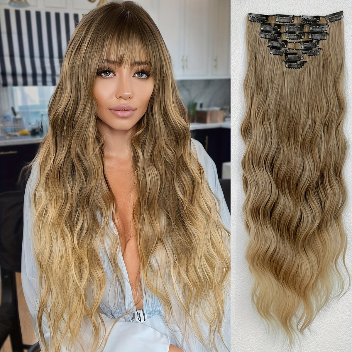 Synthetic Hair Extensions in Black-Brown with 16 Clips, Measuring 22-24 Inches in Length, Featuring a Water Wave Style. This Set Includes 7pcs, Perfect for a Full Head Look for Women.