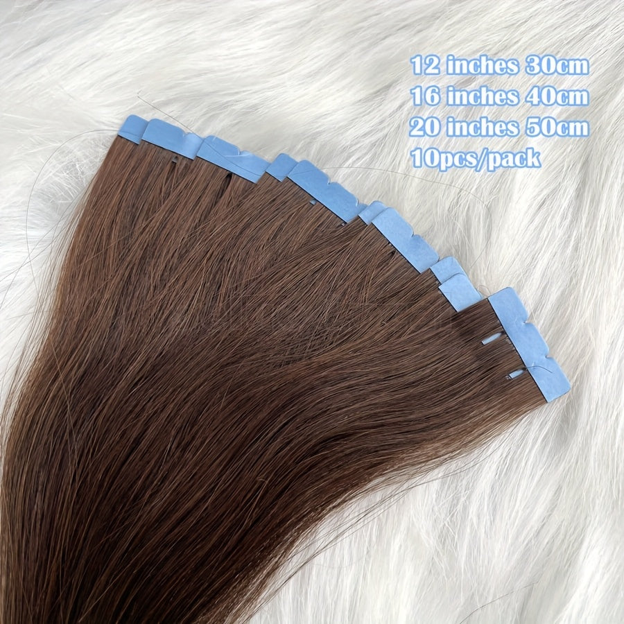 Natural Brown Human Hair Micro Invisible Tape-In Extensions 30.48-50.8 cm Straight Seamless Hair for Caucasian Women - Color 4# Light Brown, Easy Application & Damage-Free Hair Additions, Versatile Styling Options, Sleek Appearance