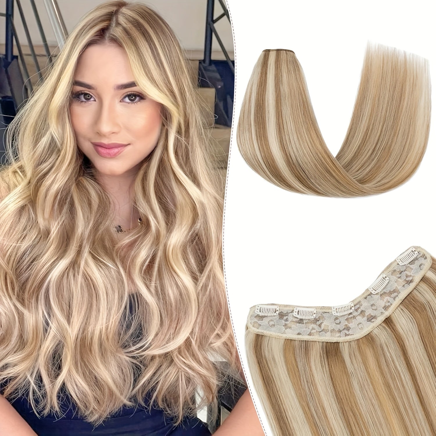 V Shape Clip Hair Extensions Human Hair 30.48-55.88 cm Ombre Sandy Blonde to Caramel Blonde Highlight One Hairpiece Clip In Hair Extension Human Hair with Seamless Weft Silky Straight for Women