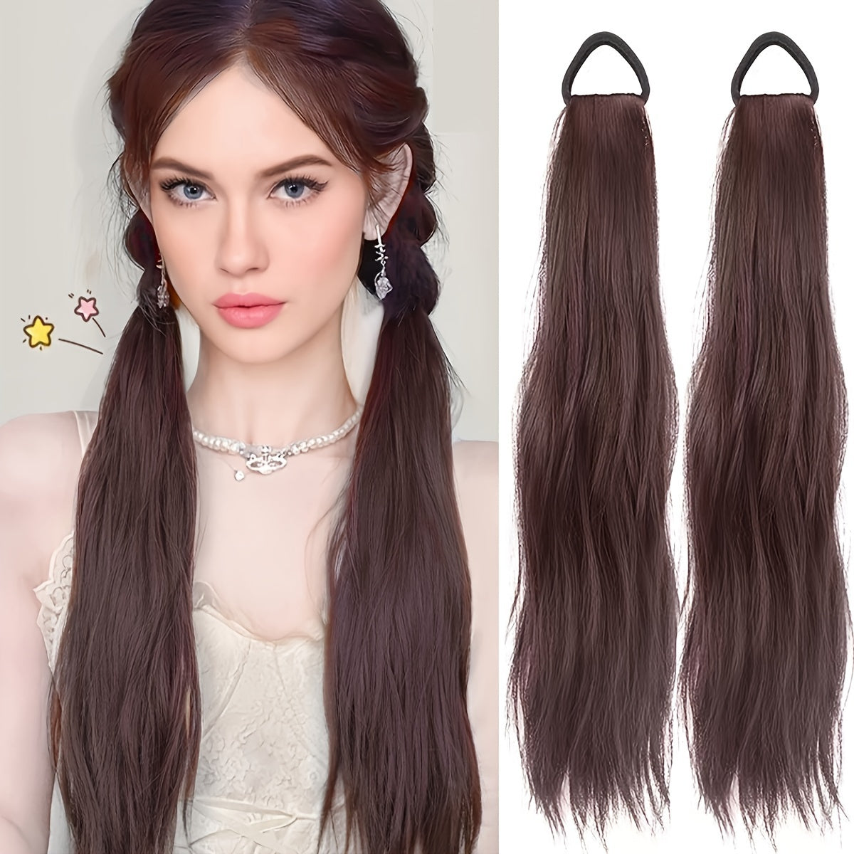 Elegant 2-Pack Women'S Tie-In Ponytail Extensions, Versatile Synthetic Long Hair, Natural Looking Slightly Curly, High Elasticity Loop, All Ages Fit, Multiple Styling Options - 20-Inch Hairpiece