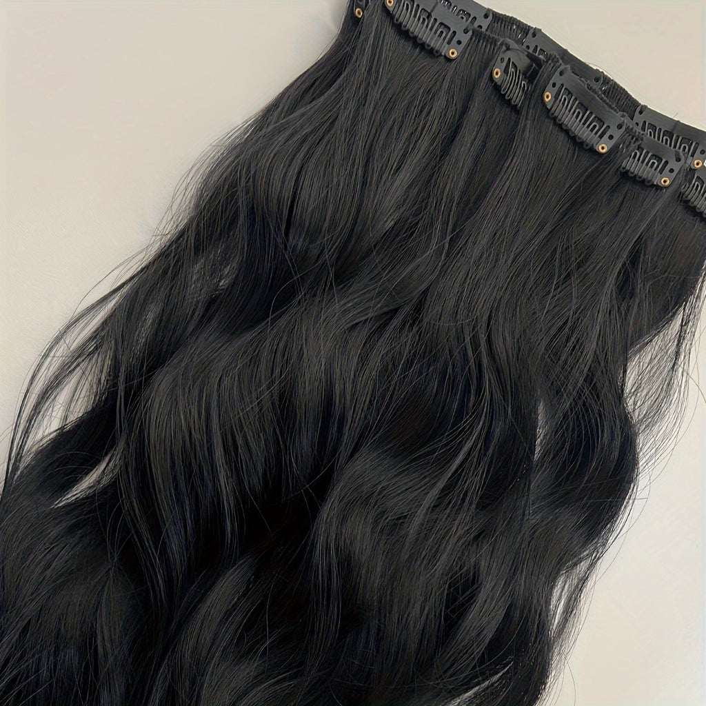 Synthetic Hair Extensions in Black-Brown with 16 Clips, Measuring 22-24 Inches in Length, Featuring a Water Wave Style. This Set Includes 7pcs, Perfect for a Full Head Look for Women.